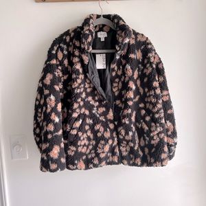 NWT Nine West teddy zip up jacket black and pink leopard print size large
